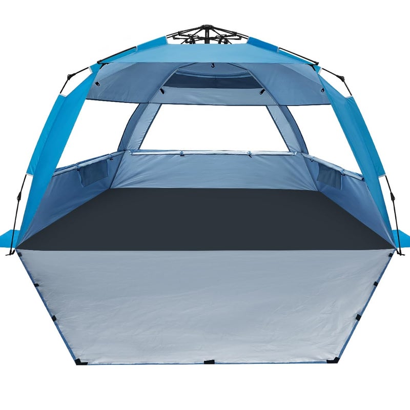 WhiteFang Deluxe XL Pop Up Beach Tent Sun Shade Shelter for 3-4 Person, UV Protection, Extendable Floor with 3 Ventilating Windows Plus Carrying Bag, Stakes, and Guy Lines (Solid Blue) - Image 1